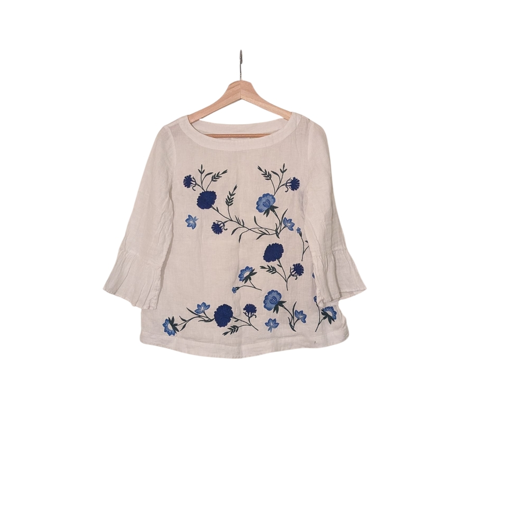 Charter Club White Blouse with Blue Floral Embroidery, M Petite